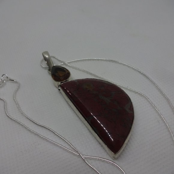 Natural "POPPY JASPER & SMOKEY TOPAZ" Handmade Sterling Pendant/Chain #865 - Picture 2 of 3